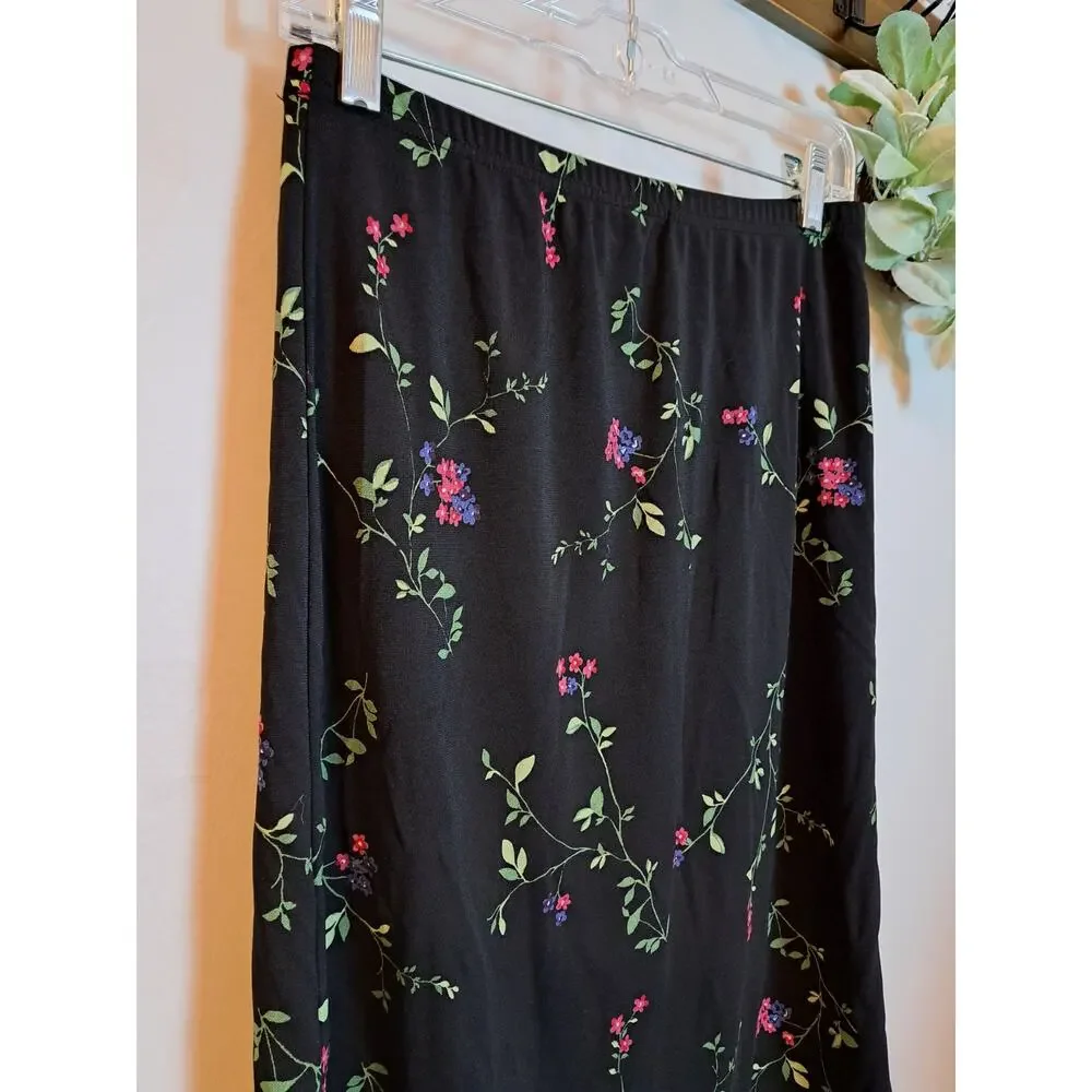 Cherokee Women's Black Floral Midi Skirt Stretch  Boho Cottagecore Sz S